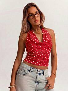 SHEIN BAE Áo tank top dáng suông cổ bèo màu nâu, chất liệu lưới, thích hợp mặc đi phố, đi làm, dạo phố, hẹn hò, tụ họp bạn bè, đi nghỉ mát ở Ý, và nhiều dịp khác. - Đỏ - Xem 3