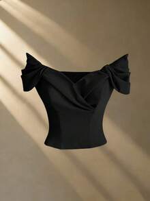 Endroma Áo croptop nữ kiểu Pháp thanh lịch màu xanh dương với thiết kế xếp ly, thắt eo, tôn dáng, thời trang, cao cấp, sang trọng cho mùa hè. - màu đen - Xem 5
