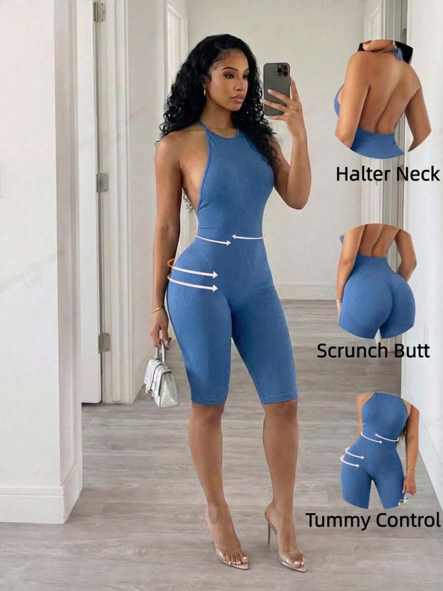 BamGleam Bộ jumpsuit dệt kim liền mạch, cổ yếm, hở lưng, gợi cảm. - Màu xanh nhạt - Xem 1