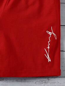 SHEIN 2pcs/Set Boys' Letter Print Round Neck Short Sleeve T-Shirt And Drawstring Waist Casual Shorts - Red - View 5
