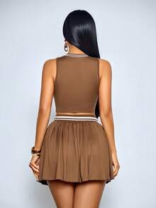SOLERSUN Bộ đồ hai mảnh phong cách sinh viên Mỹ gợi cảm và thanh lịch dành cho nữ, gồm áo vest và chân váy, thích hợp cho mùa xuân và mùa hè. - Cà phê nâu - Xem 2