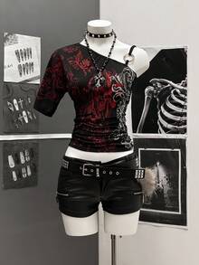 SHEIN Unity Camiseta de mujer con cuello asimétrico, ajustada, con pliegues y estampado de color contrastante en el hombro oblicuo - Negro - Ver 5