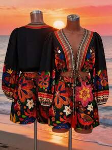 Lunelith SHEIN Lunessa 2pcs Women Printed V-Neck Top And Ankle Length Pants Set - Red - View 1