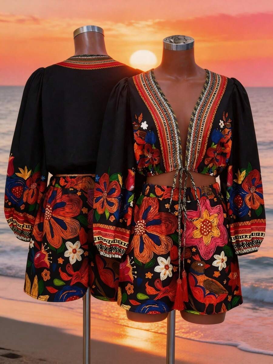 Lunelith SHEIN Lunessa 2pcs Women Printed V-Neck Top And Ankle Length Pants Set - Red - View 1