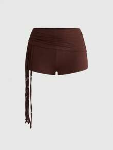 ROMWE Hippie Quần short nữ kiểu miền Tây rách rưới, cạp chun, xếp ly, ôm sát, thích hợp cho mùa xuân/hè. - Cà phê nâu - Xem 1