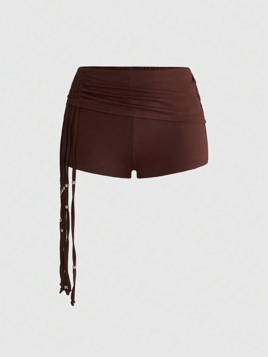 ROMWE Hippie Quần short nữ kiểu miền Tây rách rưới, cạp chun, xếp ly, ôm sát, thích hợp cho mùa xuân/hè. - Cà phê nâu - Xem 1