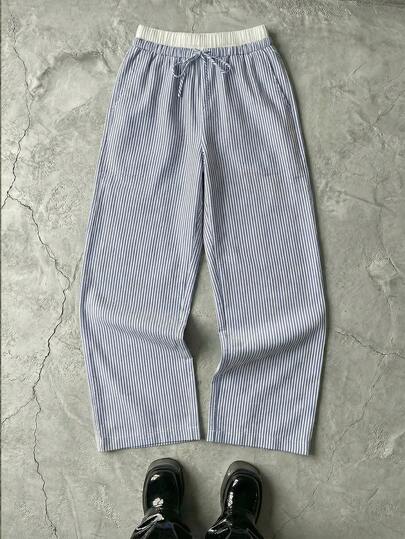 Manfinity BRENVOR Men's Woven Striped Loose Wide-Leg Casual Straight Pants, Going Out Long Drawstring Baggy Basic Light Blue Slacks Pants, Fits Daily Wear, Husband, Boyfriend Gifts, Fall