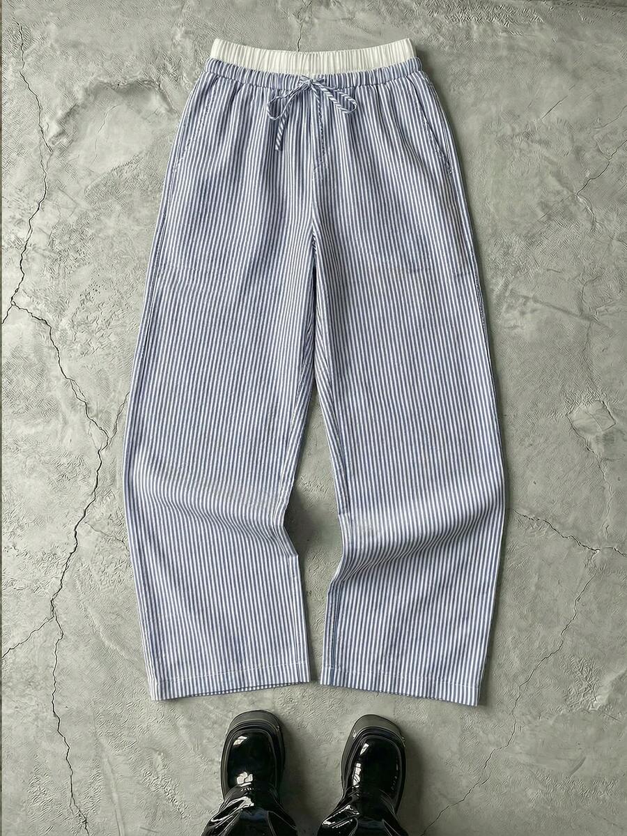 Manfinity BRENVOR 男士梭织条纹宽松阔腿休闲直筒裤，外出长款抽绳宽松基本款浅蓝色休闲裤，适合日常穿着，老公，男朋友礼物，秋季 - 淺藍色 - 查看 1