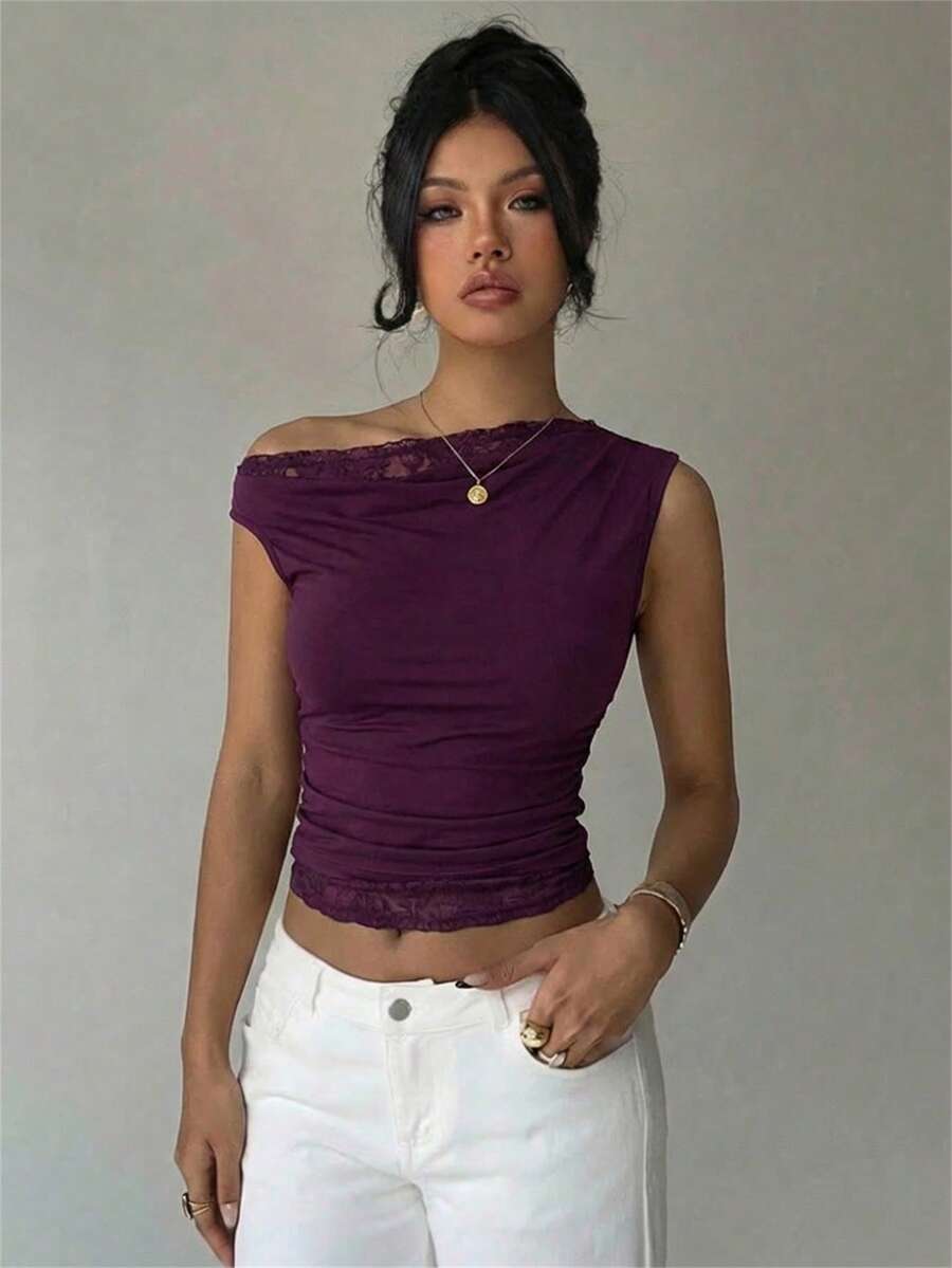 Aloruh Áo thun nữ thanh lịch, trễ vai, phối ren, ôm sát, màu tím trơn.