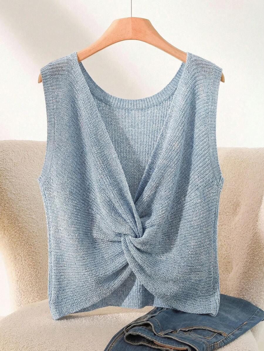 CosyJoli Plus Size Casual Twist Knot Sleeveless Knit Tank Top - Baby Blue - View 1