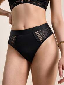 High Waist Contrast Lace Plain Brief Panties Lingerie - Black - View 5