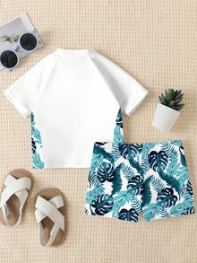 SHEIN Baby Boy White Cute Swimsuit Set,Short Sleeve Round Neck SWIM Letter & Coconut Tree Graphic Print,Summer Beach Vacation Holiday Surfing Slim Fit - Multicolor - View 3