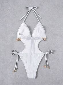Swim Vcay Women's Solid Color Wavy Pattern Spaghetti Strap Backless Seashell Chain Decor One-Piece Swimsuit - White - View 4