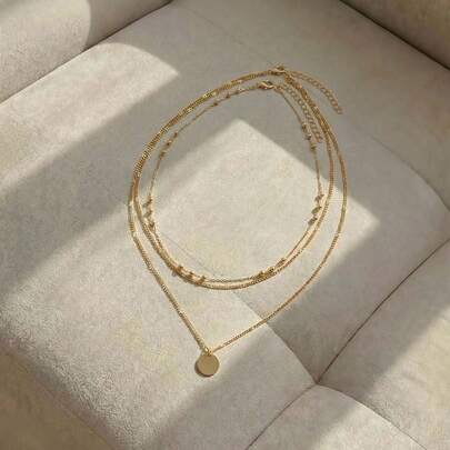 Resyla 2pcs Layered Round Pendant Beaded Necklace For Women, Golden Color (Random Bead Quantity)