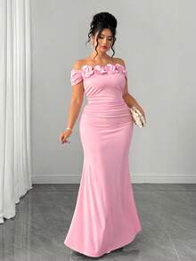Elenzga Plus Size Pink 3D Floral One-Shoulder Mermaid Formal Dress, Slim Fit Evening Gown - Pink - View 6