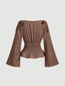 SHEIN MOD Women's Bow Decor Shoulder, Waist Tie Fashionable Blouse - Mocha Brown - View 3