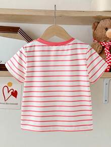 1 pieza Camiseta de manga corta con cuello redondo para niñas, primavera/verano - Multicolor - Ver 2