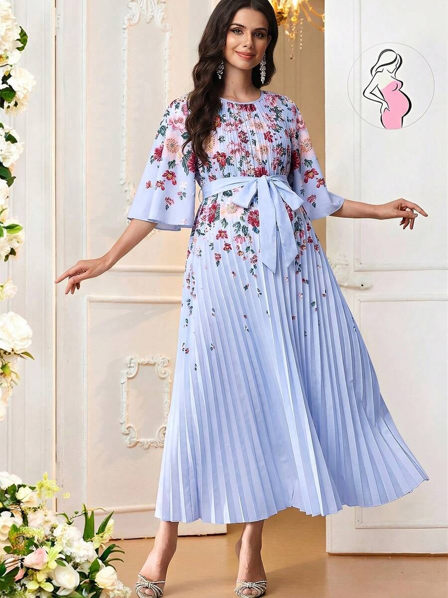 SHEIN Maternity Floral Print Ruffle Hem Elegant Midi Dress - Baby Blue - View 1