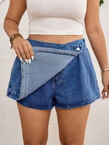 SHEIN CURVE+ 大码女式高腰不对称下摆牛仔裙裤 - 中等水洗藍 - 查看 4