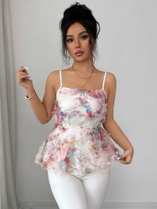 SHEIN Elenzya Women's Elegant Sexy Vacation Style Mesh Fabric Pleated Ruffle Waist A-Line Camisole, Spring/Summer Golf White - Pink - View 4