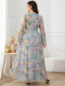 Modelyn Đầm dài tay phồng dáng suông cổ tròn họa tiết hoa vintage dành cho nữ cỡ lớn, chất liệu chiffon, thích hợp dự tiệc, cưới, dạ hội, dạ tiệc. - Màu xanh lam - Xem 3