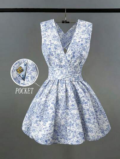 SHEIN Franclia Women Blue And White Floral Print Romantic Elegant Sexy Wedding Guest Solid Criss-Cross V-Neck Sleeveless A-Line Mini Dress, Concert Outfit Versatile Design For Beach, Party, Spring/Summer Pocket Evening Dress Backless Butter Short Dress,Spring/Summer,Graduation,Prom Outfits
