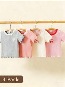 SHEIN Playful Pals 4件套女婴休闲百搭可爱刺绣短袖上衣 - 彩色 - 查看 3