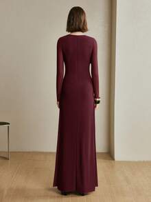 Arave Vestido largo elegante para citas con diseño de parches asimétricos, cuello redondo, manga raglán y tejido elástico de malla para mujer - Burdeos - Ver 3