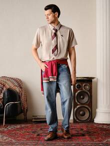 VeloEdit 宽松版型男士前扣短袖印花休闲衬衫，日常穿着，复古风格 - 卡其色 - 查看 5