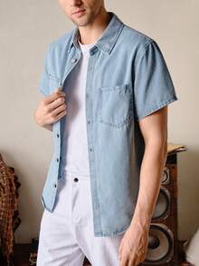 VeloEdit 男士棉质口袋贴布牛仔衬衫（不含 T 恤），街头潮流必备单品 - 淺色水洗藍 - 查看 8