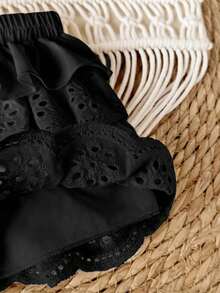 Babygirl Cute Ruffled Elastic Waist Shorts, Summer - Black - View 4
