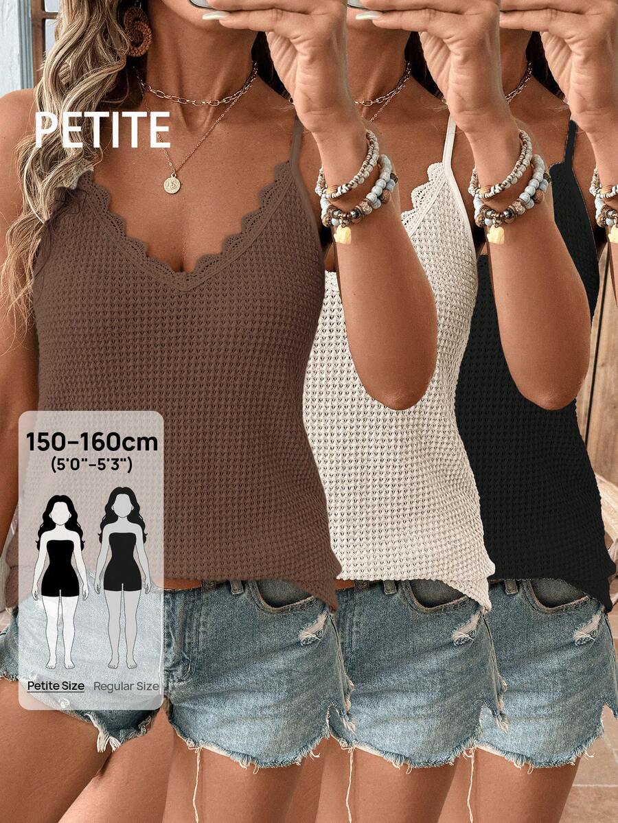 SHEIN LUNE Petite V领蕾丝拼接华夫格纹吊带背心，休闲宽松优雅通勤度假女款背心，春夏款 - 彩色 - 查看 1