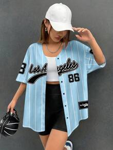SHEIN EZwear Women Loose Open Front Short Sleeve Shirt Baseball Jacket, Suitable For Summer,Summer Top - Baby Blue - View 5