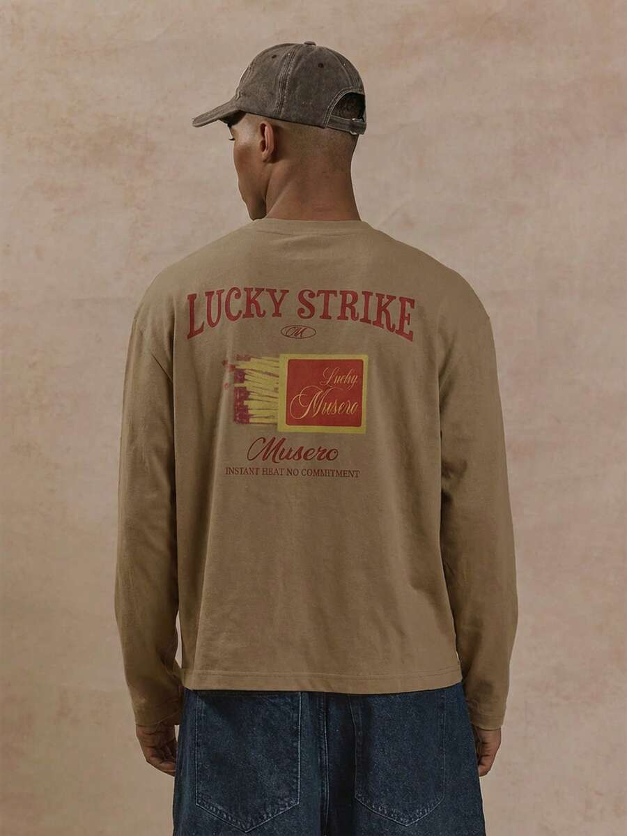 Musero Oversized Long Sleeve Branded Chest Print Graphic Patch Print Tshirt Spring&Summer - Brown - View 1
