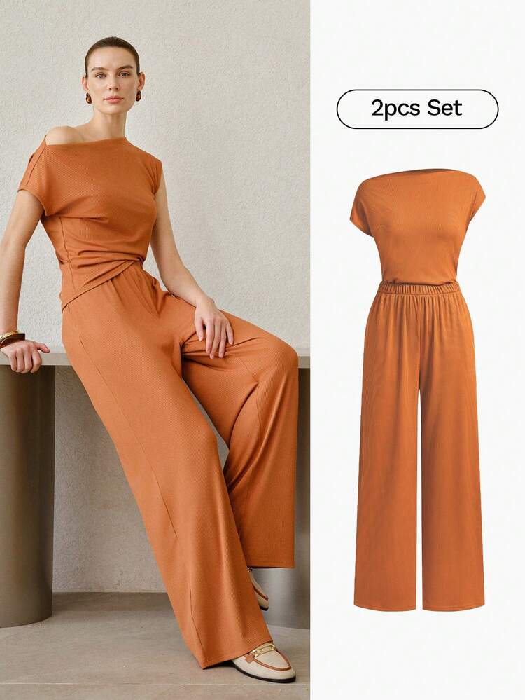 WOMEN'S CASUAL PLEATED ASYMMETRIC COLLAR TOP & PANTS KNIT 2 PIECES SET