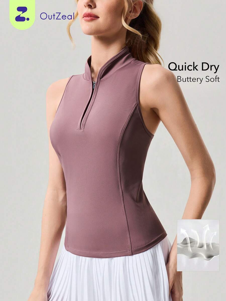 OutZeal Women Sports Tank Daily Casual Quick Drying Stand Collar Front Half Zip Active Tops - Clay Red - View 1