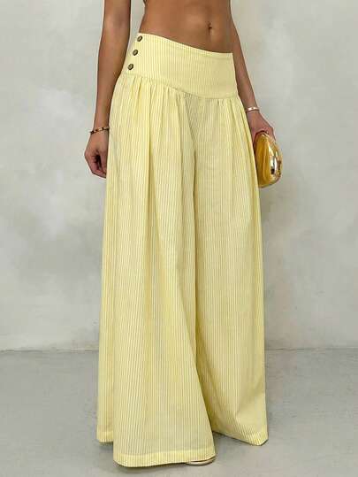 SHEIN 女士黄色条纹梭织面料低腰褶皱阔腿裤，女士度假裤，女士黄色条纹长裤