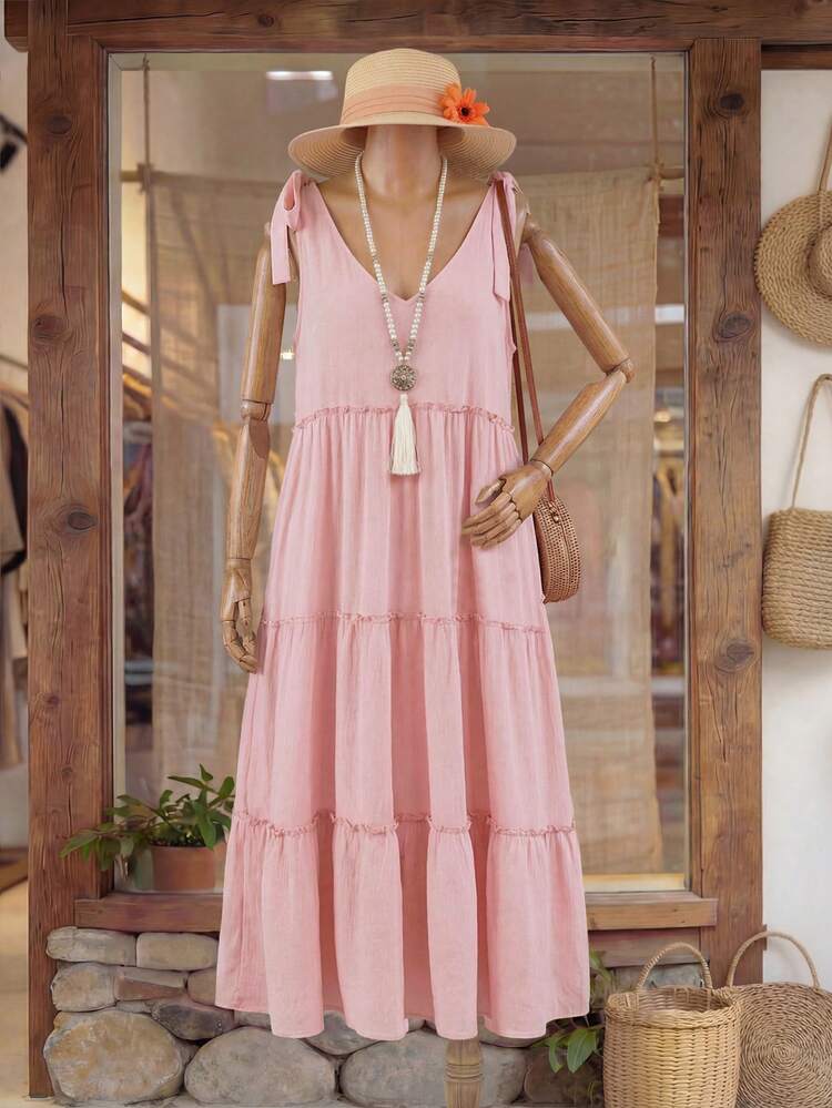 Plus Size Women Solid Color Sleeveless Casual Twist Front Dress Summer Outfit For Women Summer Dresses For Women Beach Outfits For Women Women's Country Clothing Summer Outfits For Women Bohemian Outfit For Women Dress Boho Spring Outfits For Women Dresses