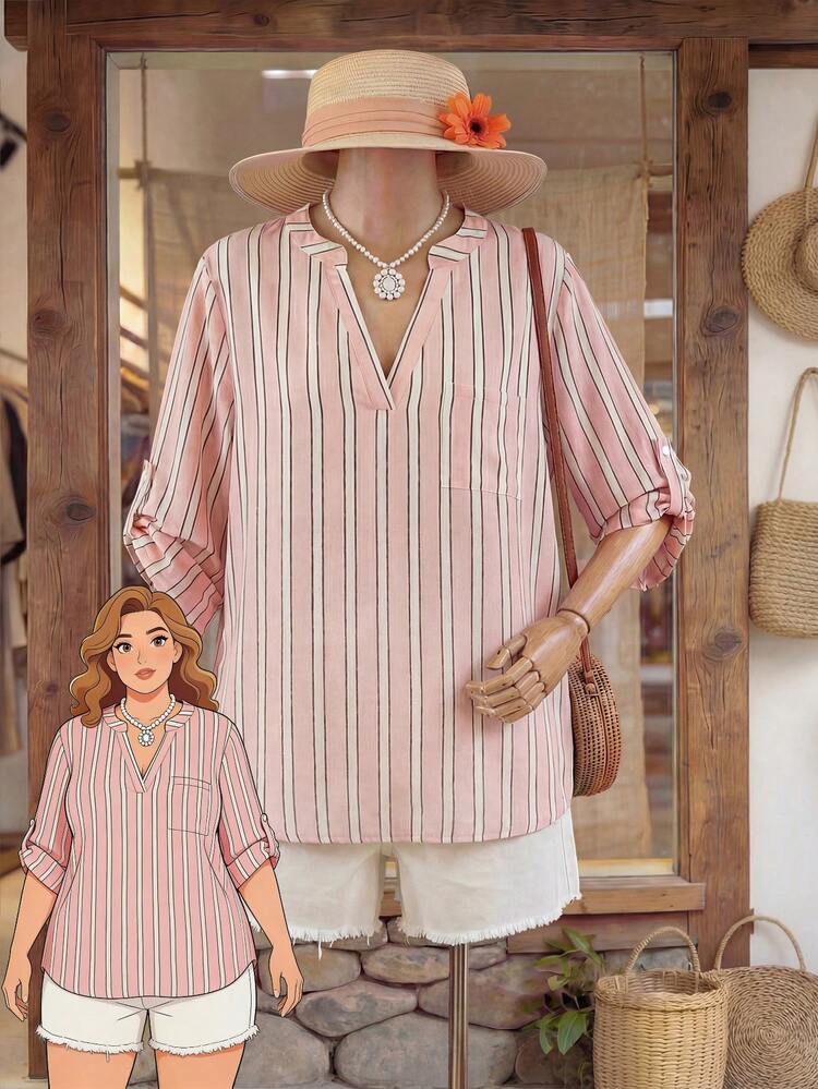 Plus Size Women Striped Roll-Up Sleeve V-Neck Casual Shirt Work Tops For Women Women's Country Clothing Casual Blouses For Women Holiday Outfits Beach Outfits For Womenpink Tops Summer Outfits For Women Blouse For Women Casual Elegant