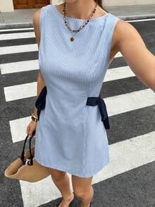 女士夏季休闲度假条纹印花撞色打结无袖迷你连衣裙 - 藍白色 - 查看 5