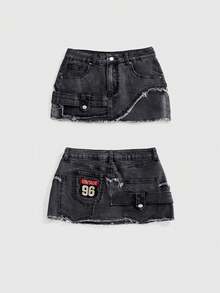 ROMWE Y2K Asymmetrical Distressed Sexy Denim Mini Skirt For Women - Dark Grey - View 1