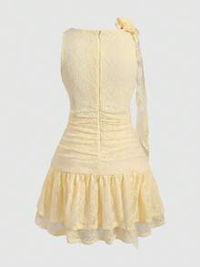 SHEIN Tween Girl French Ruffle 3D Floral Pale Yellow,Summer,Modest,Tea Party Sleeveless Fitted Short Dress,Elegant Asymmetric Princess Dress For Daily Wear - Yellow - View 9