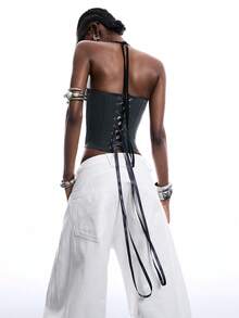 LYSMO Women's Contrast Lace Front Button Halter Neck Camisole - Light Grey - View 2