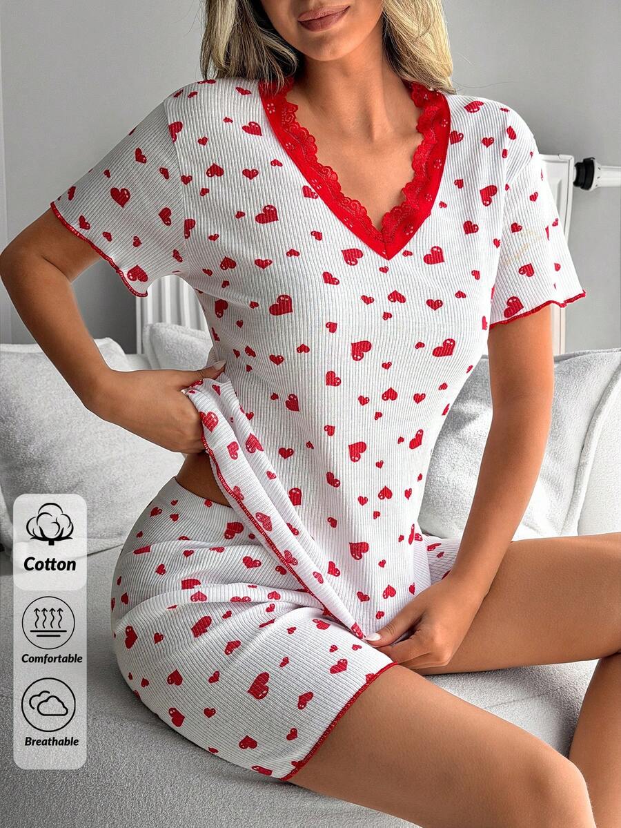 SHEIN 纯棉白色罗纹针织V领蕾丝短袖衬衫短裤家居服套装，舒适休闲透气，女士两件套睡衣，夏季适用 - 紅白色 - 查看 1