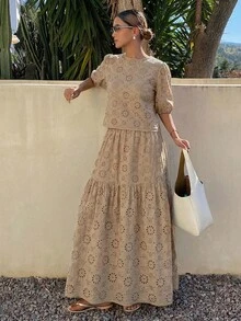 DAZY Bộ đồ nữ thường ngày gồm áo và chân váy ren tay cánh hoa, thích hợp cho mùa thu/đông. - Màu be - Xem 3