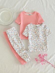 Bộ đồ ngủ 4 món mùa xuân hè cho bé gái, chất liệu mềm mại, co giãn, in hình thỏ và lá cây hoạt hình dễ thương, vừa vặn. - Hồng - Xem 3