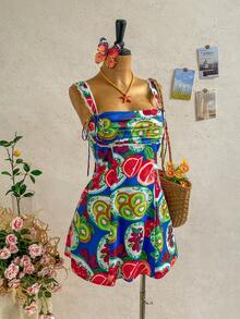 Soleia Women's Summer Blue Pink Y2K Tropical Versatile Casual Comfortable Woven Oil Painting Mini Dress, Holiday Vacation For Music Festivals, Parties, Beach - Multicolor - View 3
