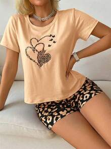 SHEIN 女士豹纹爱心休闲短袖短裤睡衣套装 - 卡其色 - 查看 3