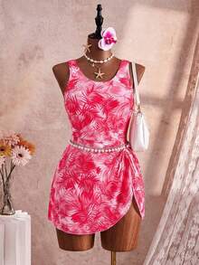 Swim Lushoire Plus Size Women Colorful Leaf Print Halter Swimdress, Beach Holiday Swimwear - Hot Pink - View 7