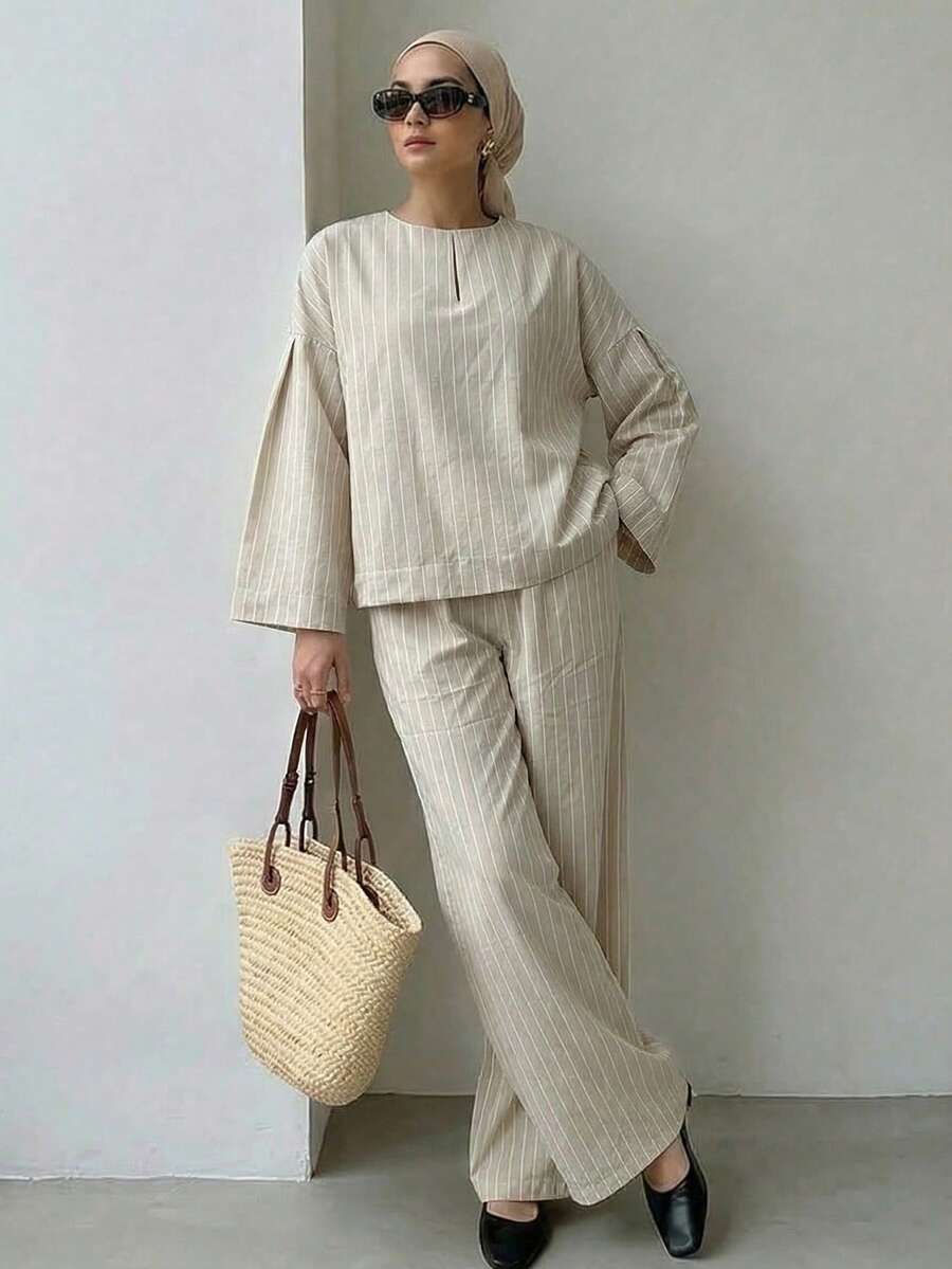 Solavon Women's Striped Long Sleeve Shirt And Pants Casual 2 Pieces Set